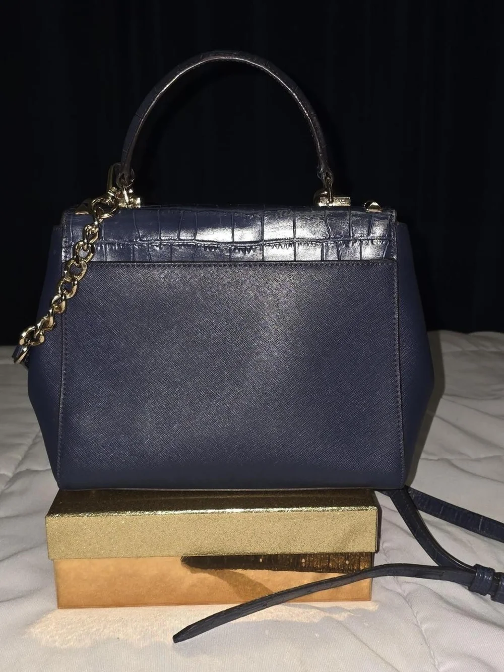 Michael Kors Navy Croc-Embossed Top-Handle Satchel with Gold Chain